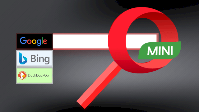 Illustration of Opera Mini logo next to a search bar.