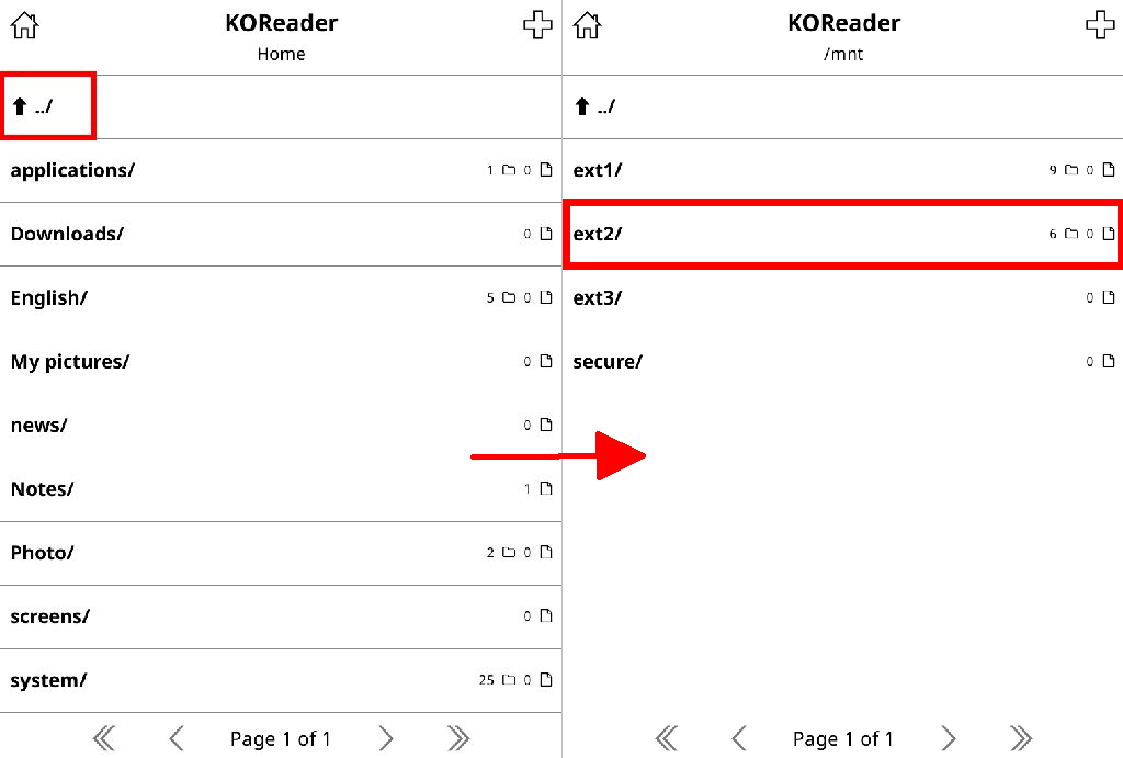 Image of how to navigate to the SD Card folder in KOReader running on PocketBook.
