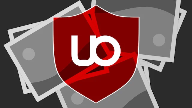 Image of uBlock Origin logo overlaid over greyscale photos.