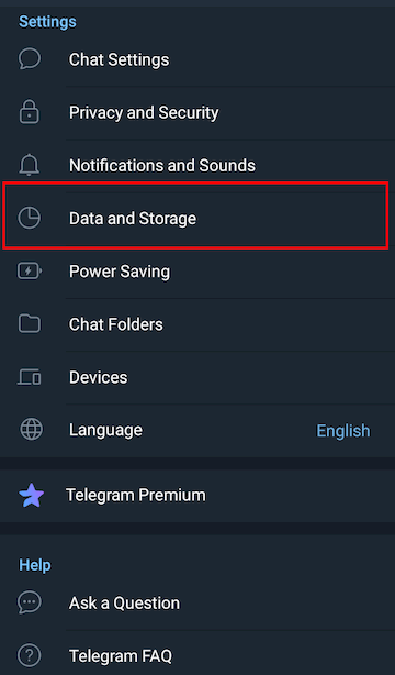 Image showing the list of settings in the Telegram app for Android.