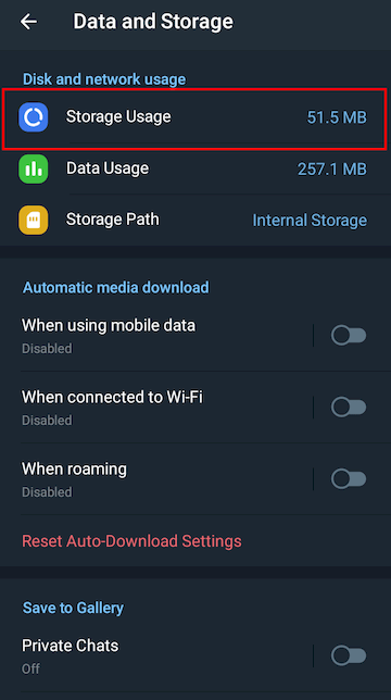 Image showing the Data and Storage options in Telegram settings.
