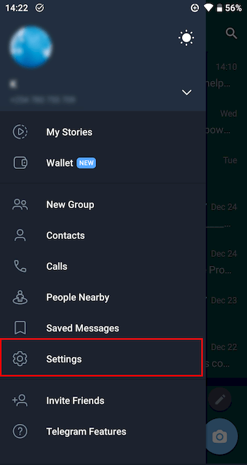 Image showing the menu options in the Telegram app for Android.