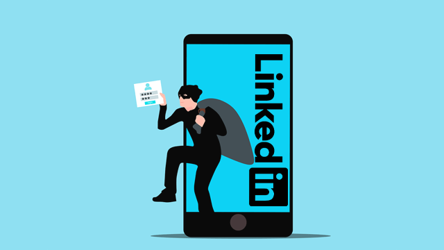 Illustration of a thief stealing data from a smartphone on which the LinkedIn logo is overlaid.