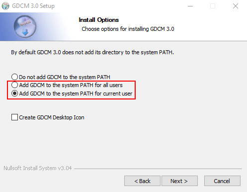 Image of the GDCM installer showing the add to system path options.