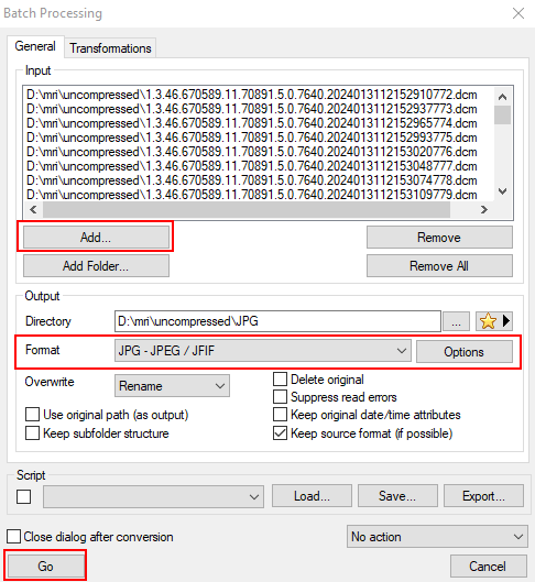 Image of classic XnView Batch Processing window illustrating how to batch convert DCM files into the JPG. format