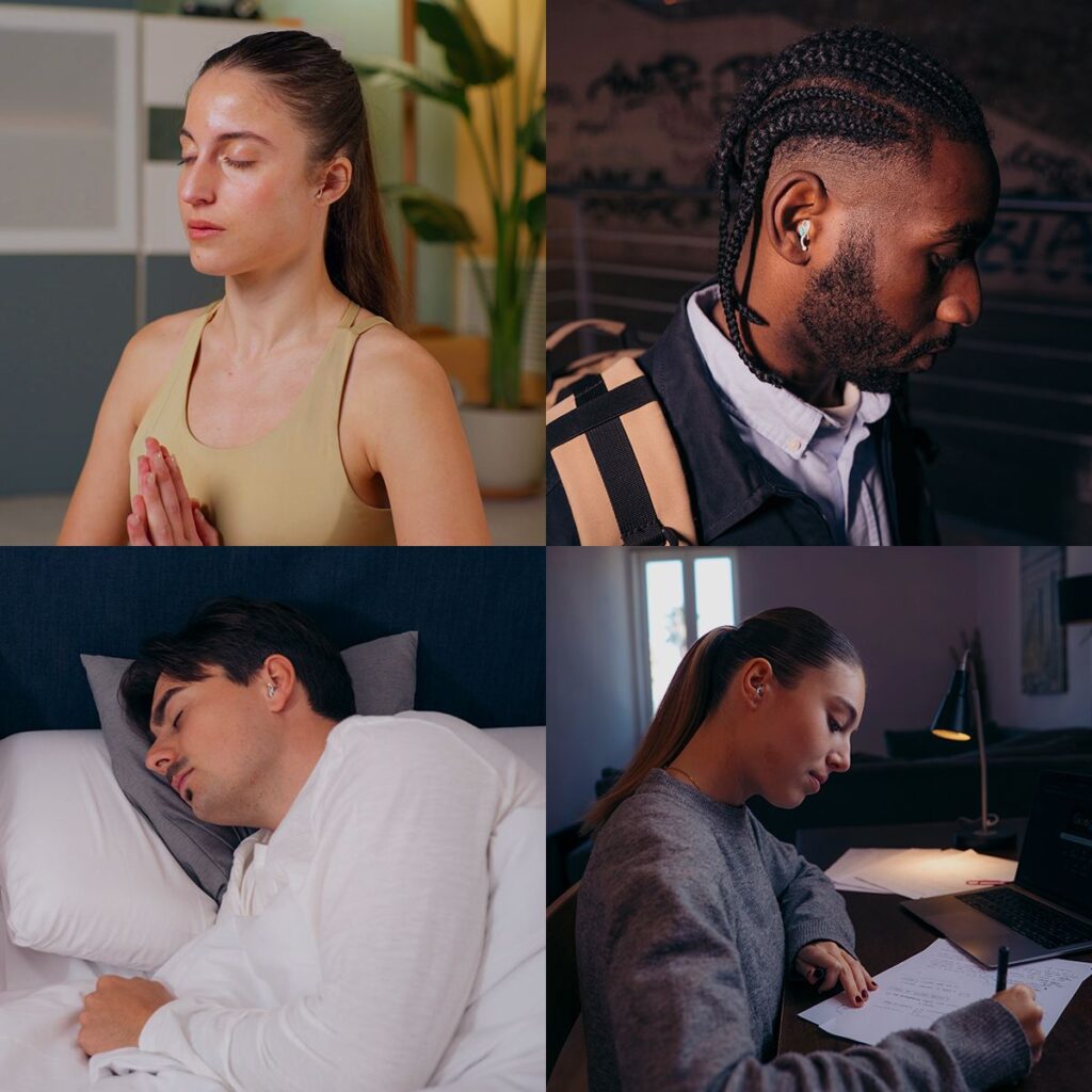 Image of four different people wearing the BET Slumbur earplugs in different settings.