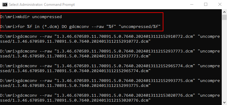 Image of a command prompt window showing the batch conversion of DCM files using gdcmconv.