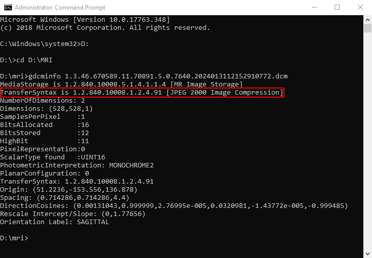 Image of a command prompt window showing the output of a DCM file using gdcminfo.